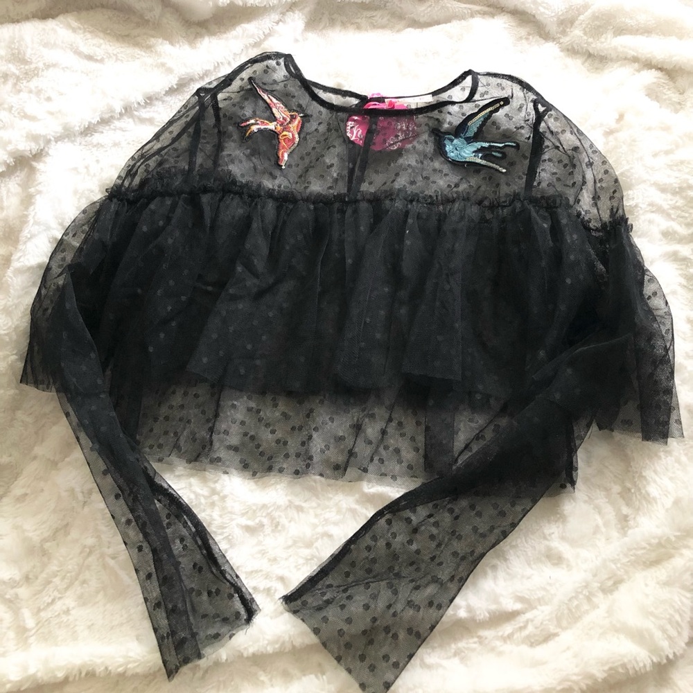 Boutique sheer polka dot ruffle top with birds NWT